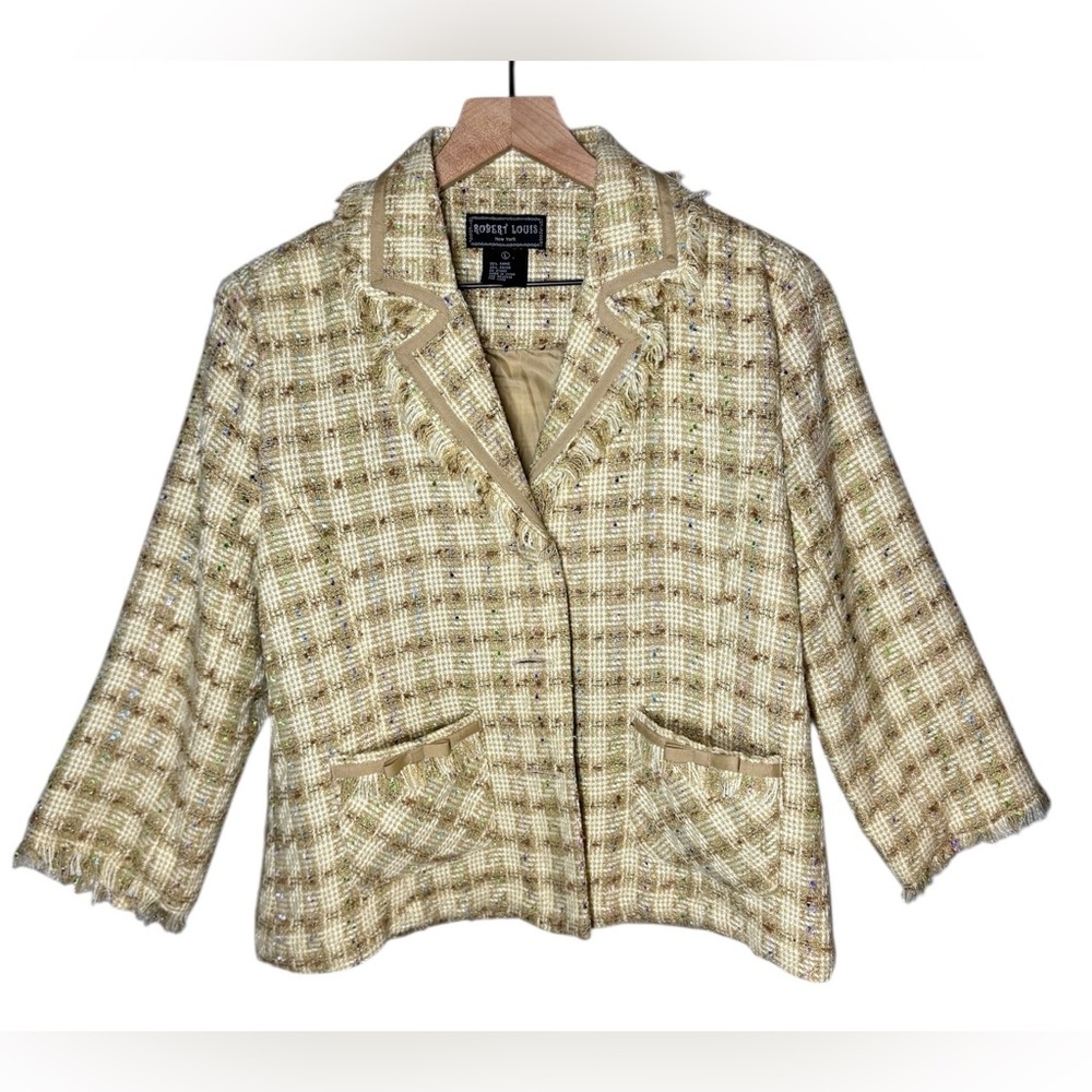 Robert Louis New York Women’s Tan Metallic Tweed Fringe Plaid Blazer Sz L